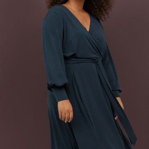 H&M Dark Teal Crêped Wrap-front Long sleeve Dress | Size Medium